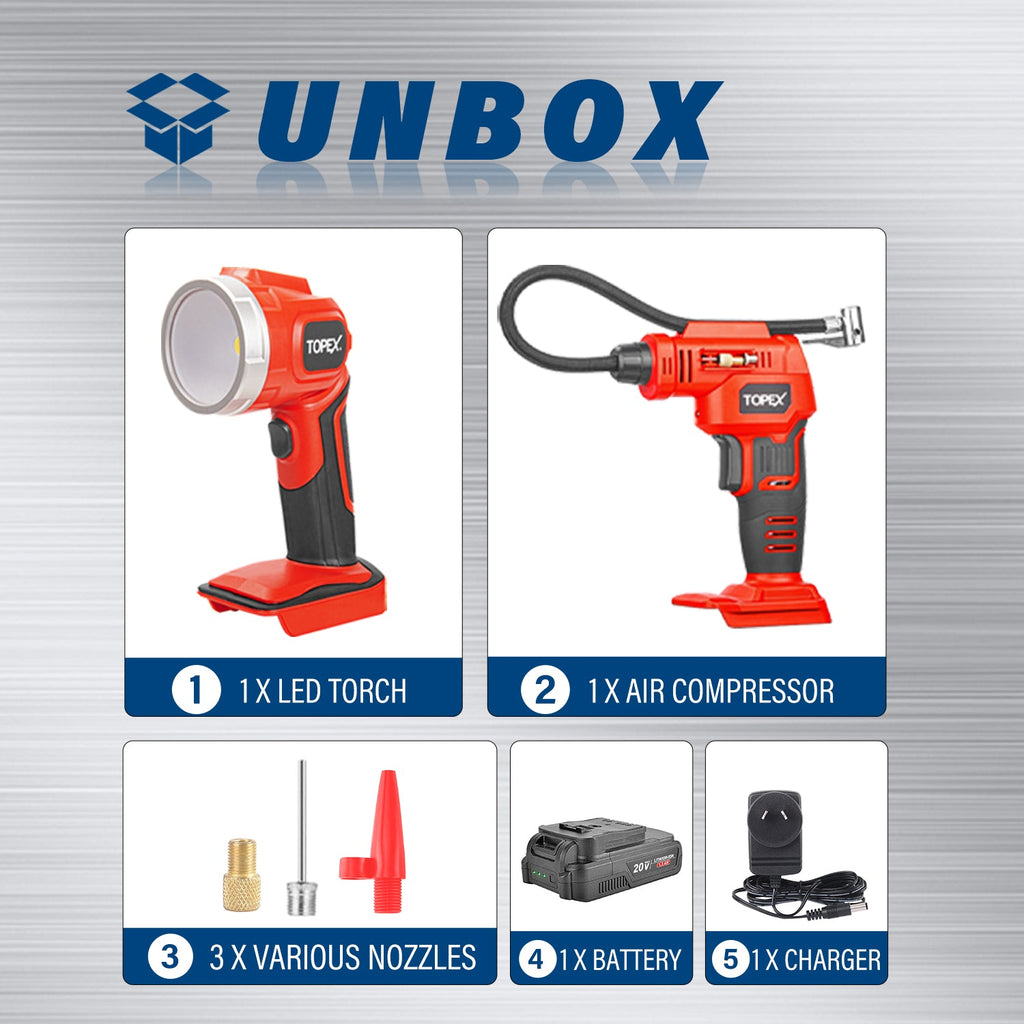 TOPEX 20V Cordless Combo Kit Tyre Inflator w/ Lightweight LED Torch(One Battery Included)