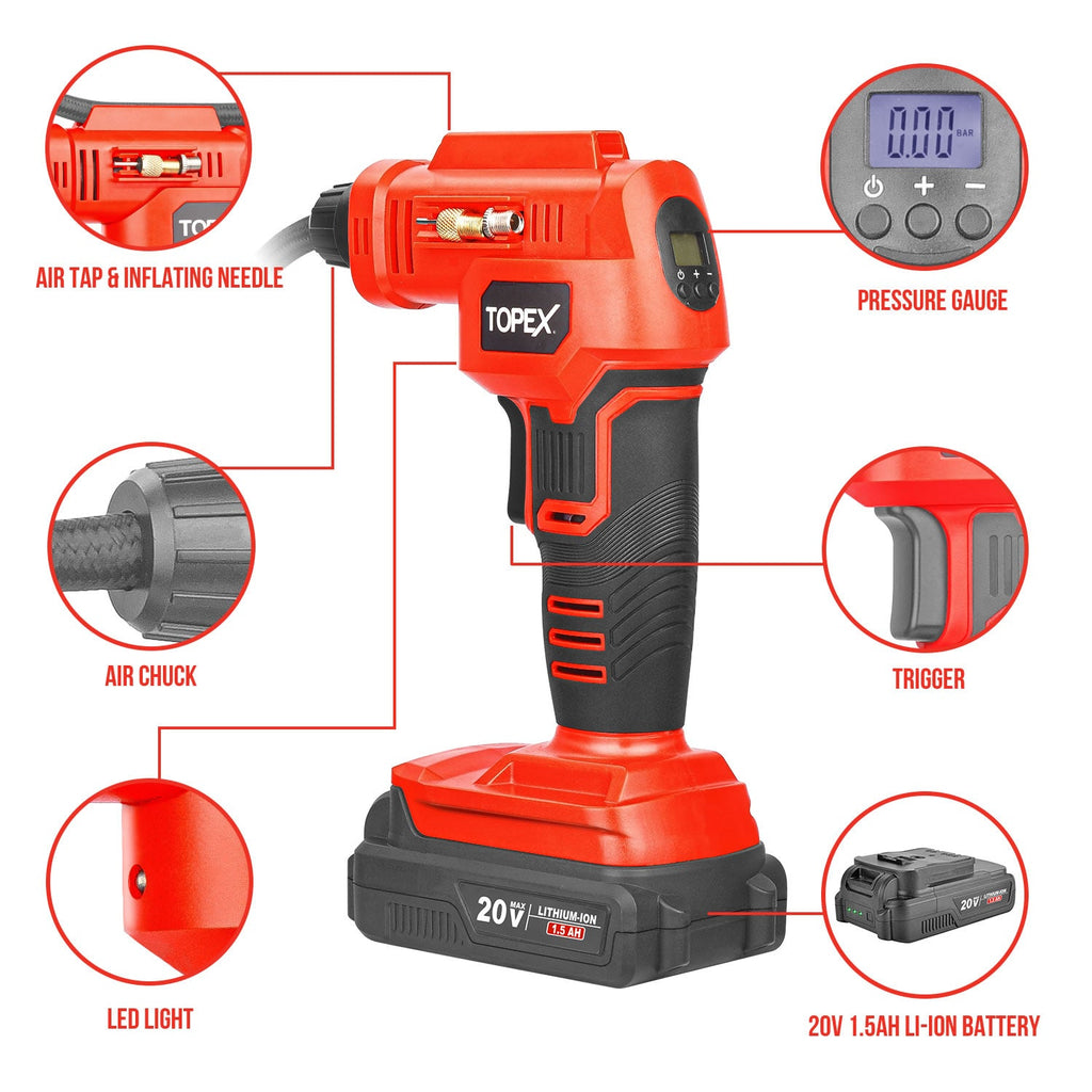 TOPEX 20V Cordless Air Compressor Car Tyre Inflator w/Digital Pressure Gauge LED Light
