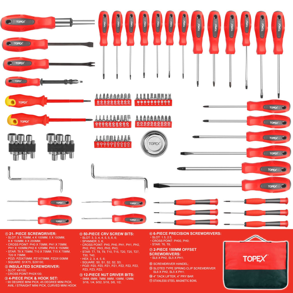 TOPEX 100 PCs Screwdriver Set Non-Slip Precision Screw Bits Sockets Kit w/ Oxford Bag