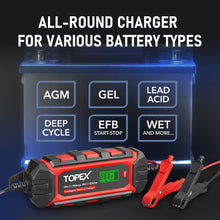 Load image into Gallery viewer, TOPEX Car Battery Charger, 10A 6V/12V Smart Automatic Battery Charger Maintainer with LCD Display for Lead Acid, LiFePo4 Battery in Truck, Motorcycle