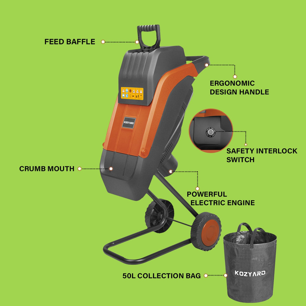 KOZYARD 2400W Electric Wood Chipper Garden Shredder w/ Collection Bag & Feed Baffle