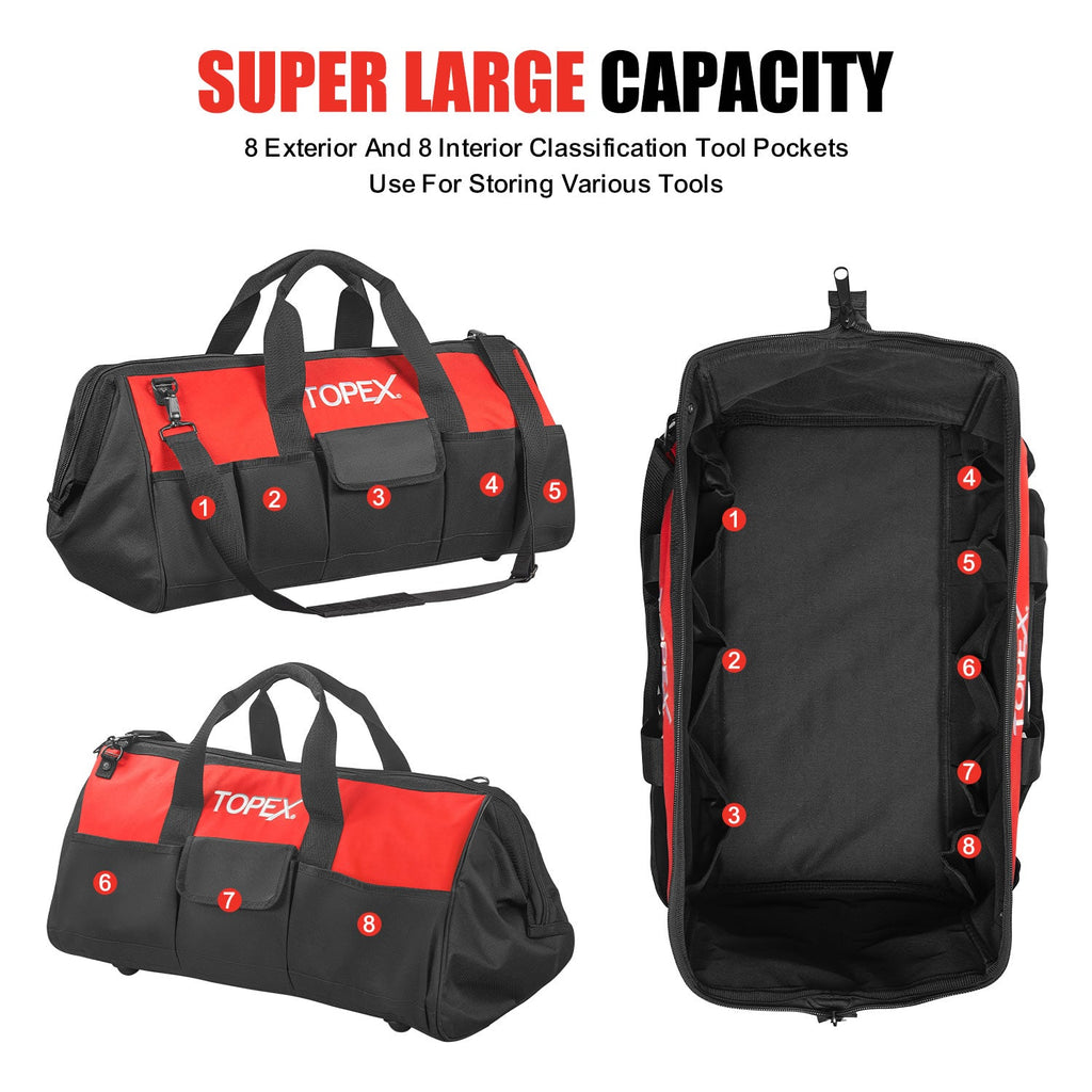 TOPEX 24 Inch Tool Bag, Multi-pocket Tool Organiser, Roomy Storage Space Tool Tote Bag with Padded Handle and Adjustable Shoulder, for home and workshop