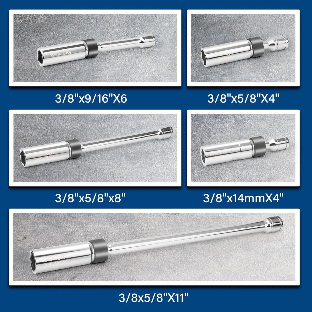 TOPEX 5-PIECE Swivel Spark Plug Socket Set 3/8″ Drive Extra Long
