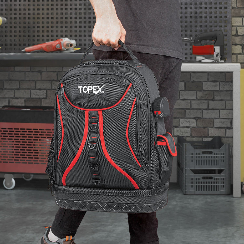 TOPEX 18 Inch Tool Backpack, 21 Pockets Inside and Outside Tool Organiser, Premium Fabric Tool Bag with Tough Bottom, for Home  and Workshop Organisations