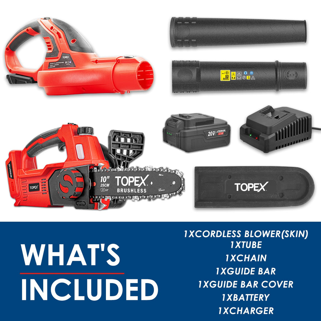 TOPEX 20V Cordless Chainsaw Leaf Blower Power Tool Combo Kit w/ 4.0Ah Battery