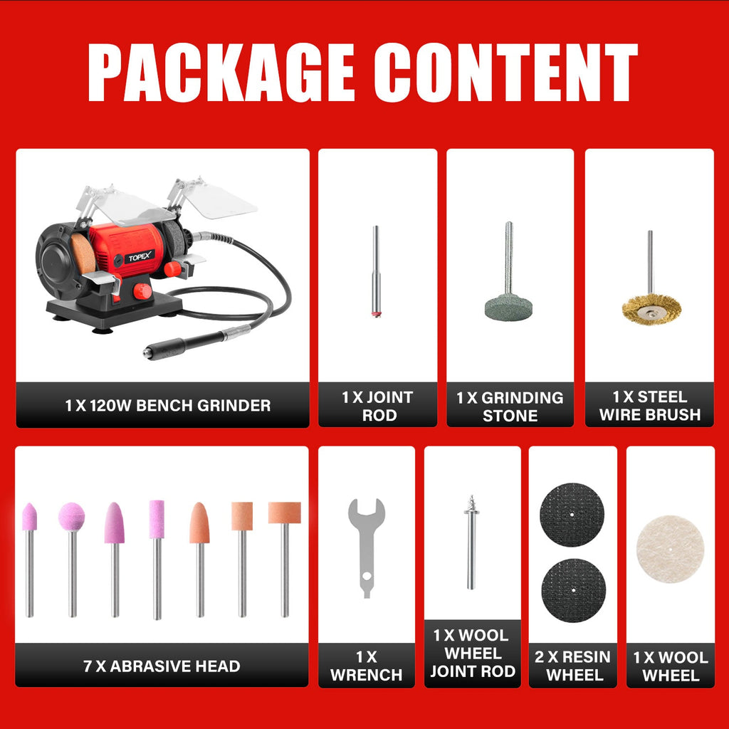 TOPEX 120W Bench Grinder w/ 2 Grinding Wheels& Adjustable Tool Rests& Eye-Protecting Shields& Static Wheel Guards