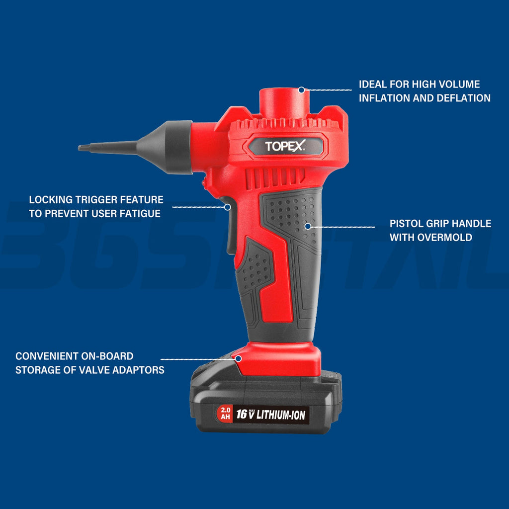 TOPEX 2IN1 Cordless High Volume & Pressure Inflator Deflator, Air Compressor Pump, Suitable for Tyres, Air Mattresses, Sports Equipments