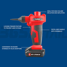 Load image into Gallery viewer, TOPEX 2IN1 Cordless High Volume &amp; Pressure Inflator Deflator, Air Compressor Pump, Suitable for Tyres, Air Mattresses, Sports Equipments