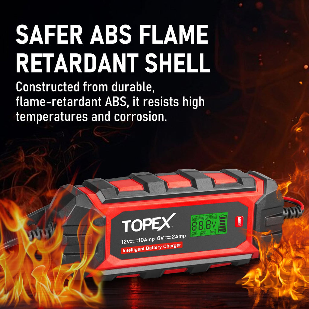 TOPEX Car Battery Charger, 10A 6V/12V Smart Automatic Battery Charger Maintainer with LCD Display for Lead Acid, LiFePo4 Battery in Truck, Motorcycle