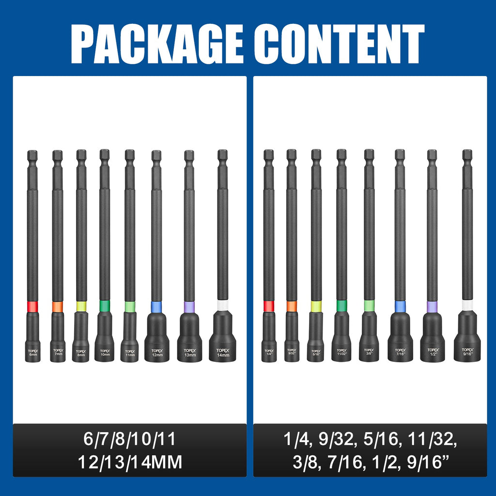 TOPEX 16Pcs Magnetic Impact Nut Driver Set Impact Grade Socket Extension Power Drill Bit Extensions Hex Shank Adapter Drill Nut Driver Tool Accessory