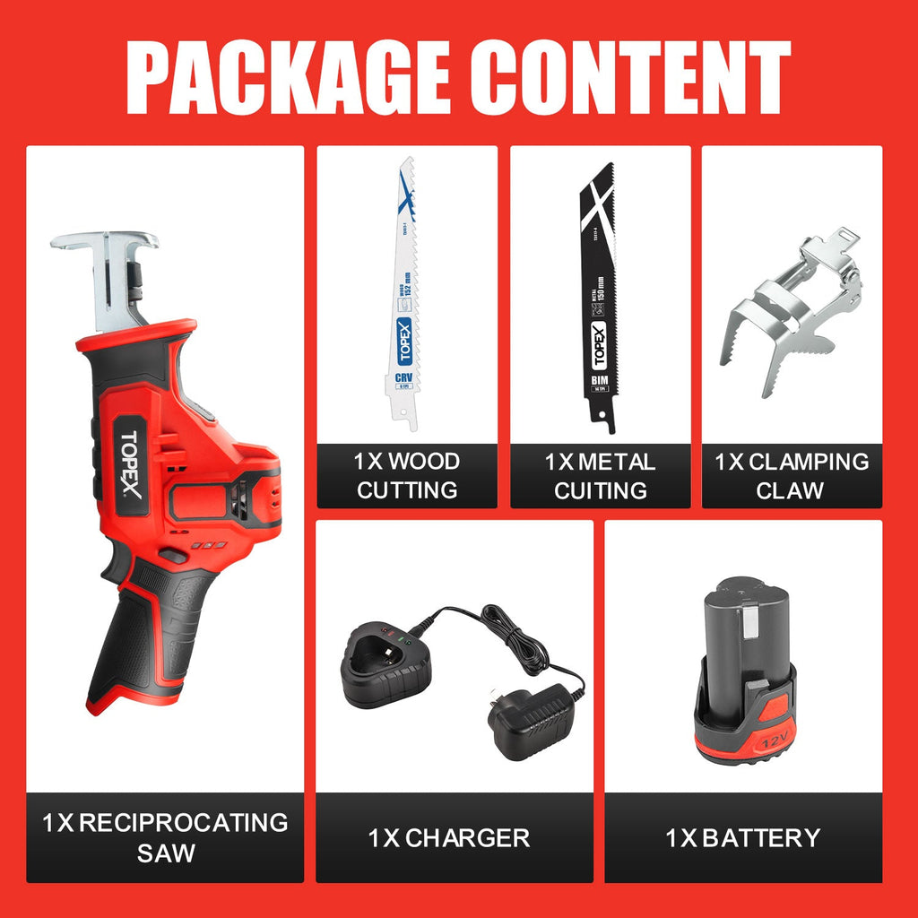 TOPEX 12V Cordless Reciprocating Saw w/  2 Saw Blades & Clamping Claw  Cutting Depth 65 mm