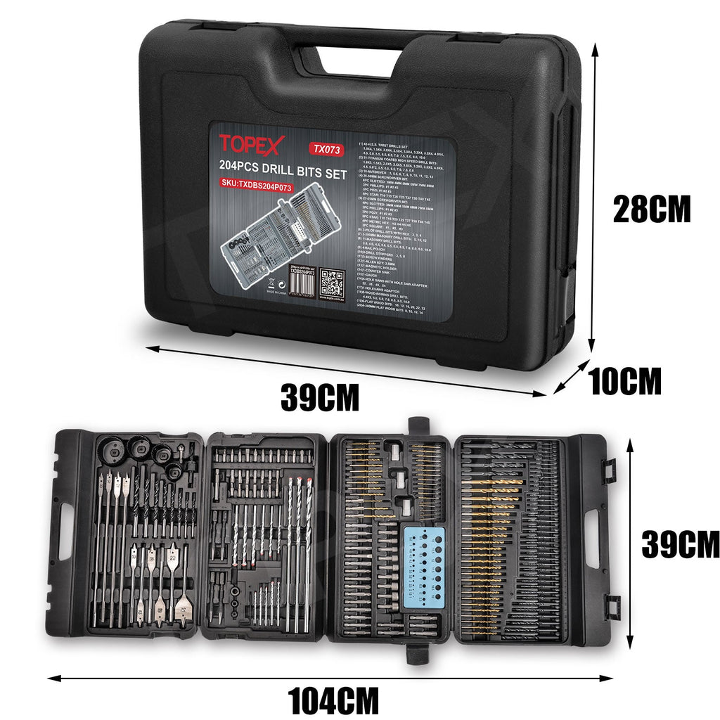 TOPEX 204PC Combination Titanium Drill Bit Set Screw Bits for Metal Wood Masonry