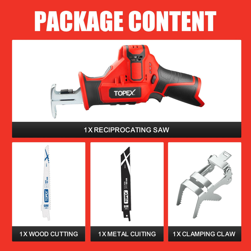 TOPEX 12V Cordless Reciprocating Saw w/ 2 Saw Blades & Clamping Claw Cutting Depth 65 mm Skin Only without Battery