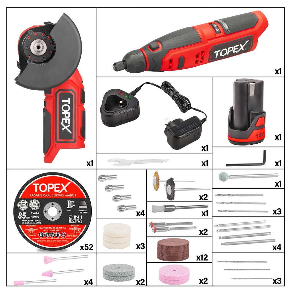 TOPEX 12V Cordless Rotary Tool Speed 5000-25000rpm With 12V Cordless Angle Grinder,12V 2.0Ah Lithium-Ion Battery&14.4V /0.4A charger