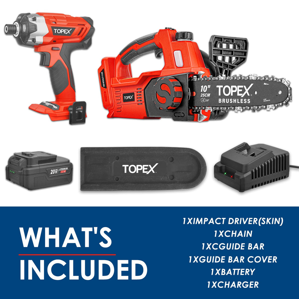 TOPEX 20V Cordless Chainsaw Impact Driver Power Tool Combo Kit w/ 4.0Ah Battery