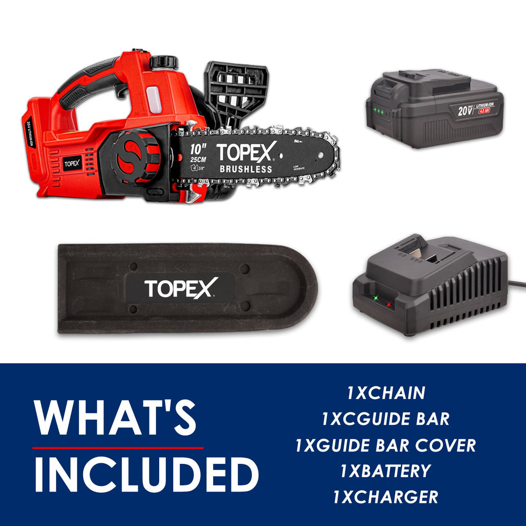 TOPEX Cordless Brushless Chainsaw Electric Saw w/ 20V 4.0AH Battery Fast Charger