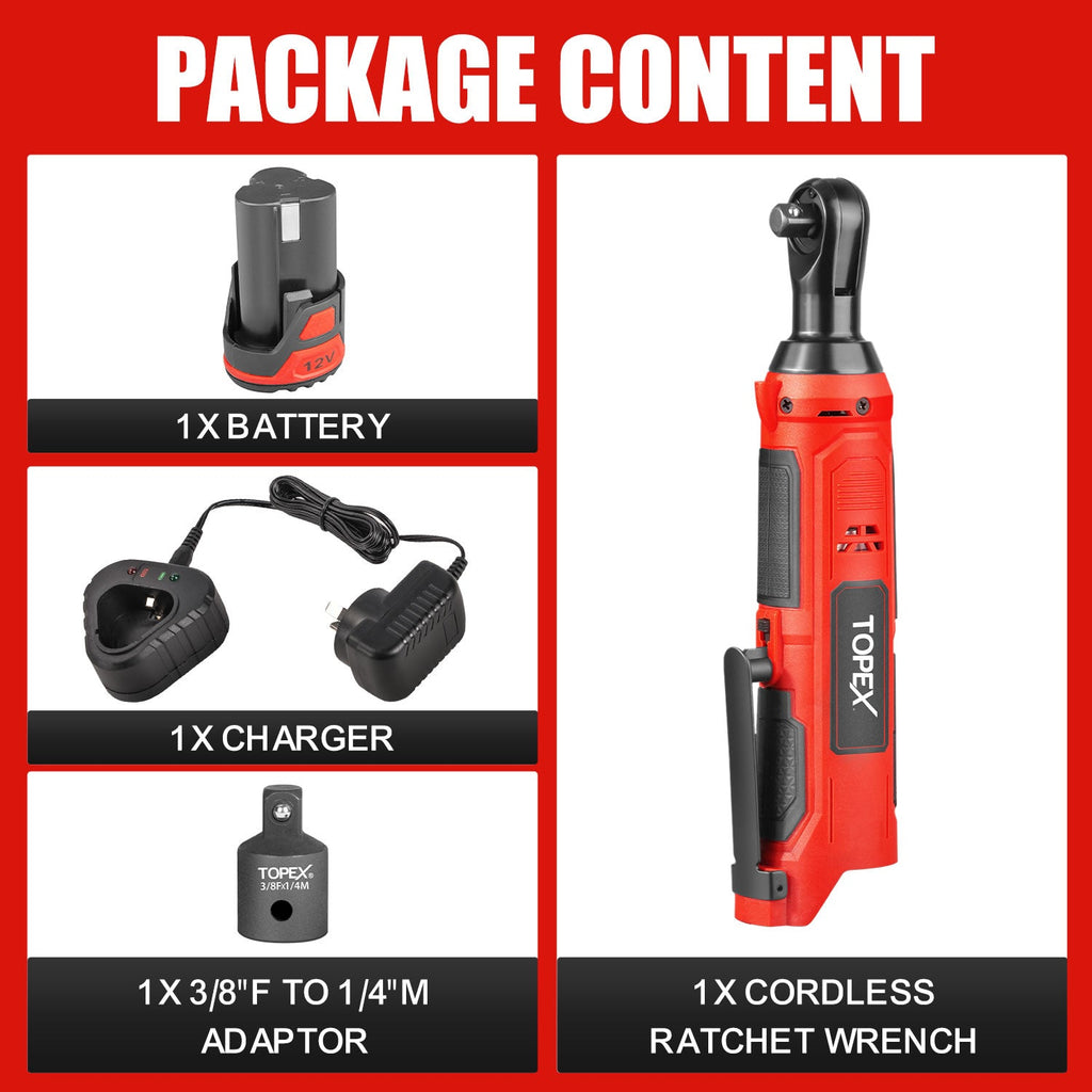 TOPEX 3/8" 12V Cordless Electric Ratchet Wrench 45NM/33.2ft-lbs 300RPM Variable Speed & LED Light