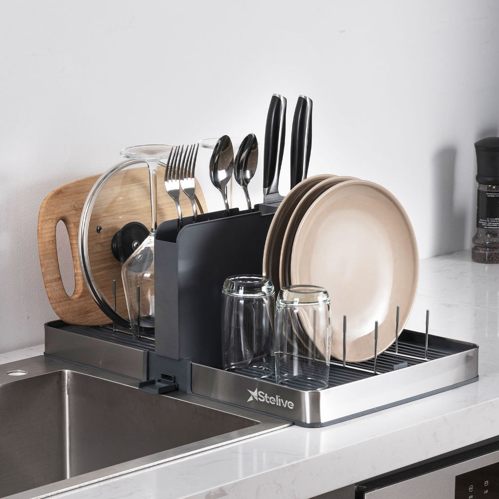 Stelive Foldable Dish Drying Rack with Dual Parts for Kitchen Counter Space-Saving Rack - Rustproof Removable Utensil Drainer & Drainage Spout, Gray