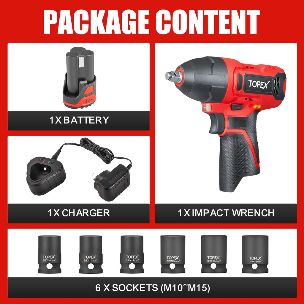 TOPEX 12V Cordless Impact Wrench with 3/8-Inch Chuck, Torque Max 120 N.m, 6 Sockets