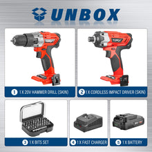 Load image into Gallery viewer, TOPEX 20V Cordless Twin Drill &amp; Impact Driver Set &amp; 32 Screwdriver Bits set