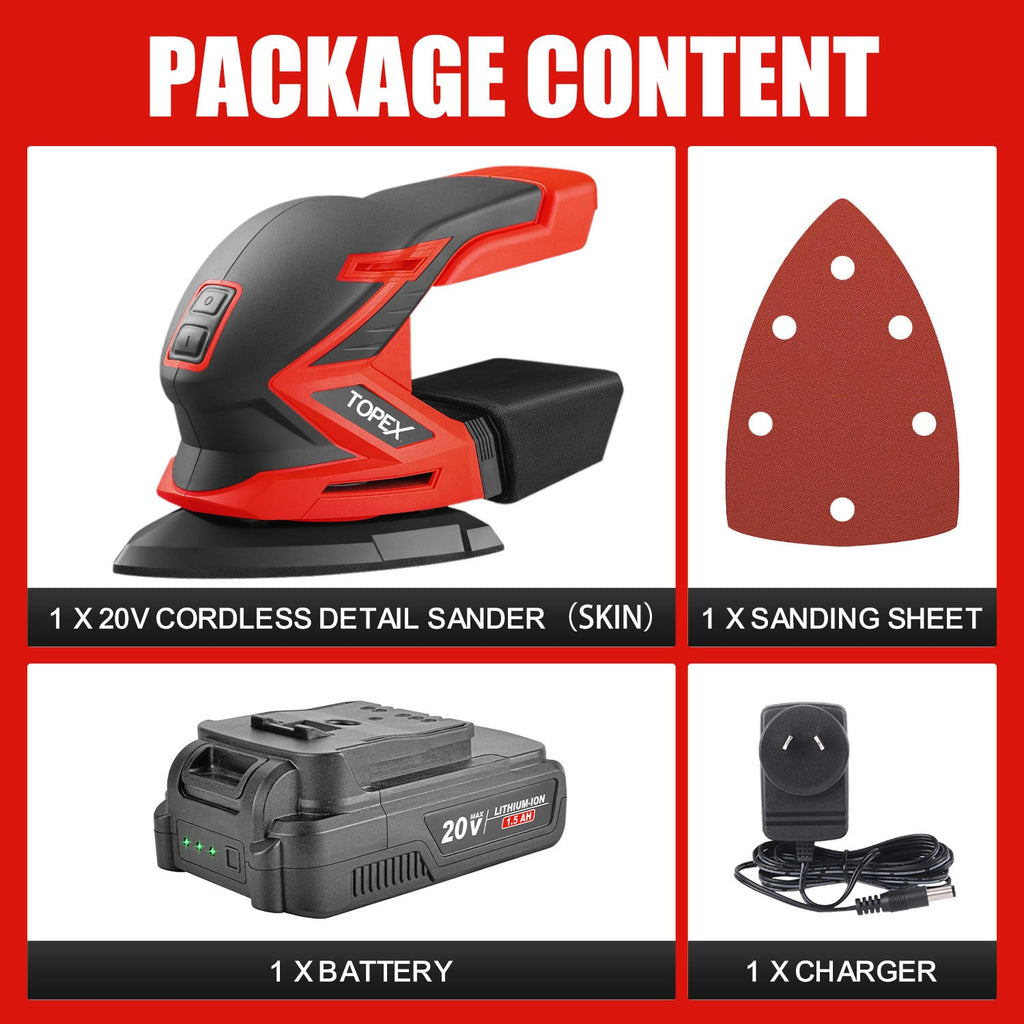TOPEX 20V Cordless Detail Sander Electric Detail Sander Handheld Sanding Machine Small Triangular Palm Sander with Sandpaper & Dust Bag