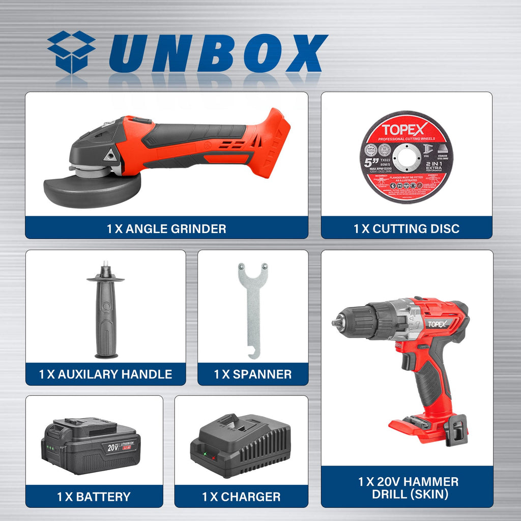 TOPEX 20V Cordless Power Tool Kit Cordless Drill Angle Grinder w/ 4.0Ah Battery & Fast Charger