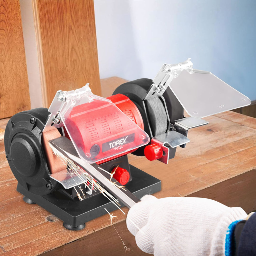 TOPEX 120W Bench Grinder w/ 2 Grinding Wheels& Adjustable Tool Rests& Eye-Protecting Shields& Static Wheel Guards