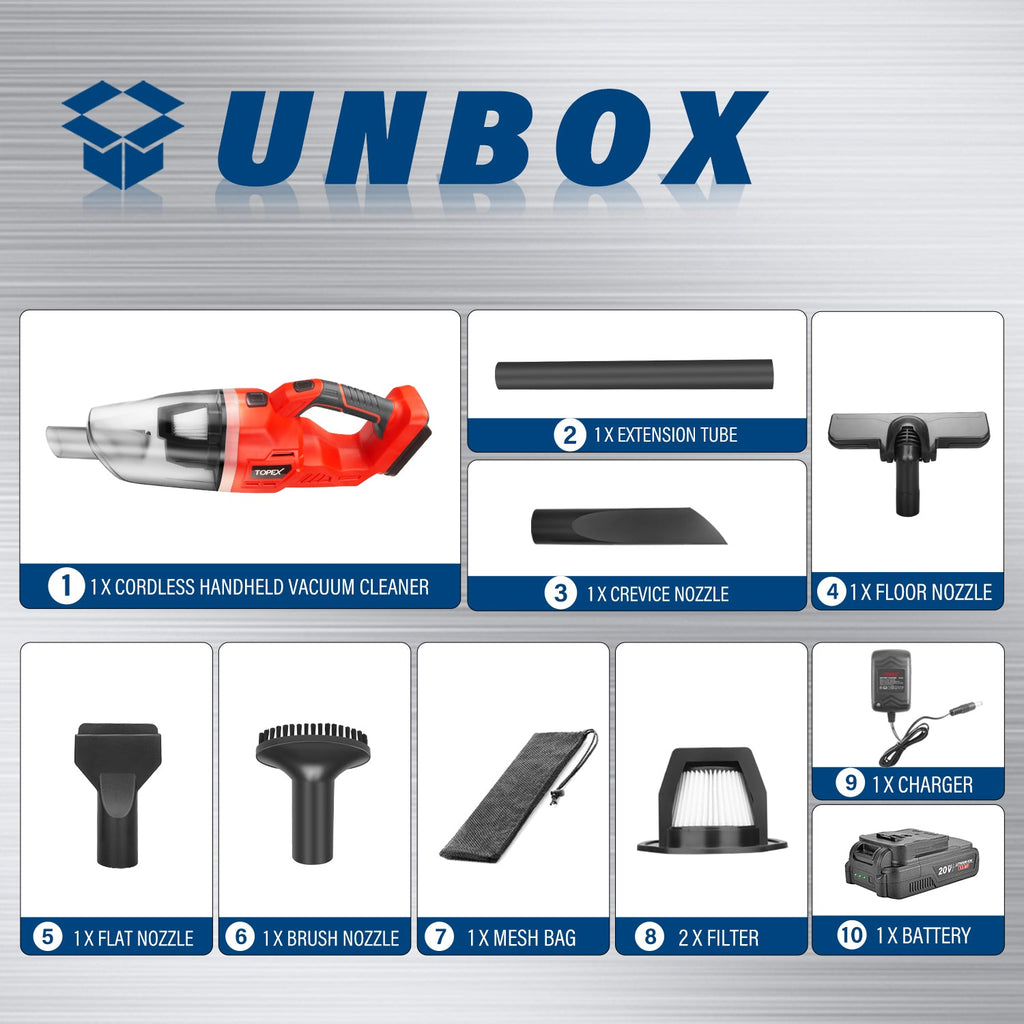 TOPEX 20V Cordless Handheld Vacuum Cleaner for Home & Car w/ Battery & Charger