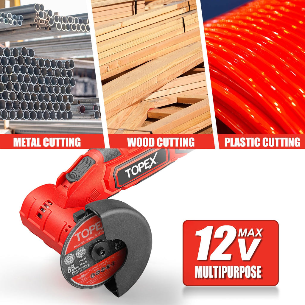 TOPEX 12V Cordless Angle Grinder 1 Wrench for Metal and Wood w/12V 2.0Ah Lithium-Ion Battery&14.4V /0.4A charger/50PCS 85mm Cutting Wheels Discs