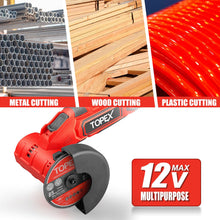 Load image into Gallery viewer, TOPEX 12V Cordless Angle Grinder 1 Wrench for Metal and Wood w/12V 2.0Ah Lithium-Ion Battery&amp;14.4V /0.4A charger/50PCS 85mm Cutting Wheels Discs