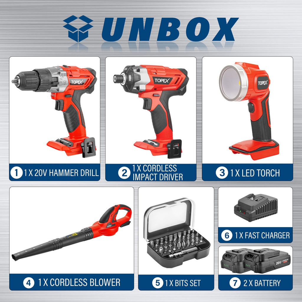TOPEX 20V Combo Kit Hammer Drill Impact Driver Light Leaf Blower w/ 2 Batteries