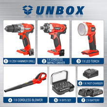 Load image into Gallery viewer, TOPEX 20V Combo Kit Hammer Drill Impact Driver Light Leaf Blower w/ 2 Batteries