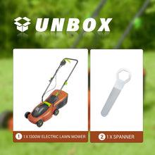 Load image into Gallery viewer, KOZYARD 1300W Electric Lawn Mower,2-in-1 Grass Box Or Mulch Electric Weeder,2-Position Height Adjustment,Cutting Width 320MM, Adjustable Cutting Height (25/40/55MM)