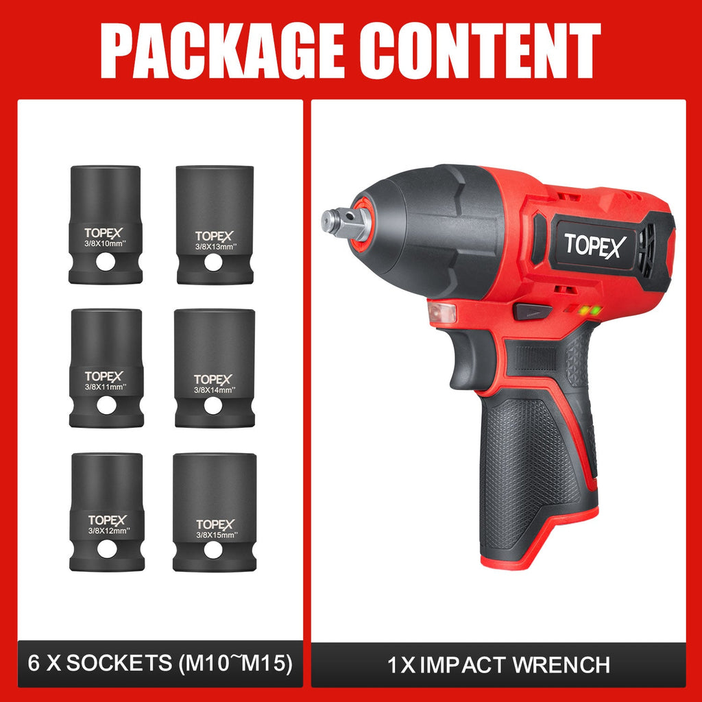 TOPEX 12V Cordless Impact Wrench with 3/8-Inch Chuck, Torque Max 120 N.m, 6 Sockets Skin Only without Battery