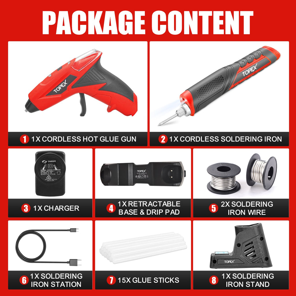 TOPEX 4V Combo Kit Lithium-Ion Hot Melt Glue Gun Soldering Iron Set w/ Charger