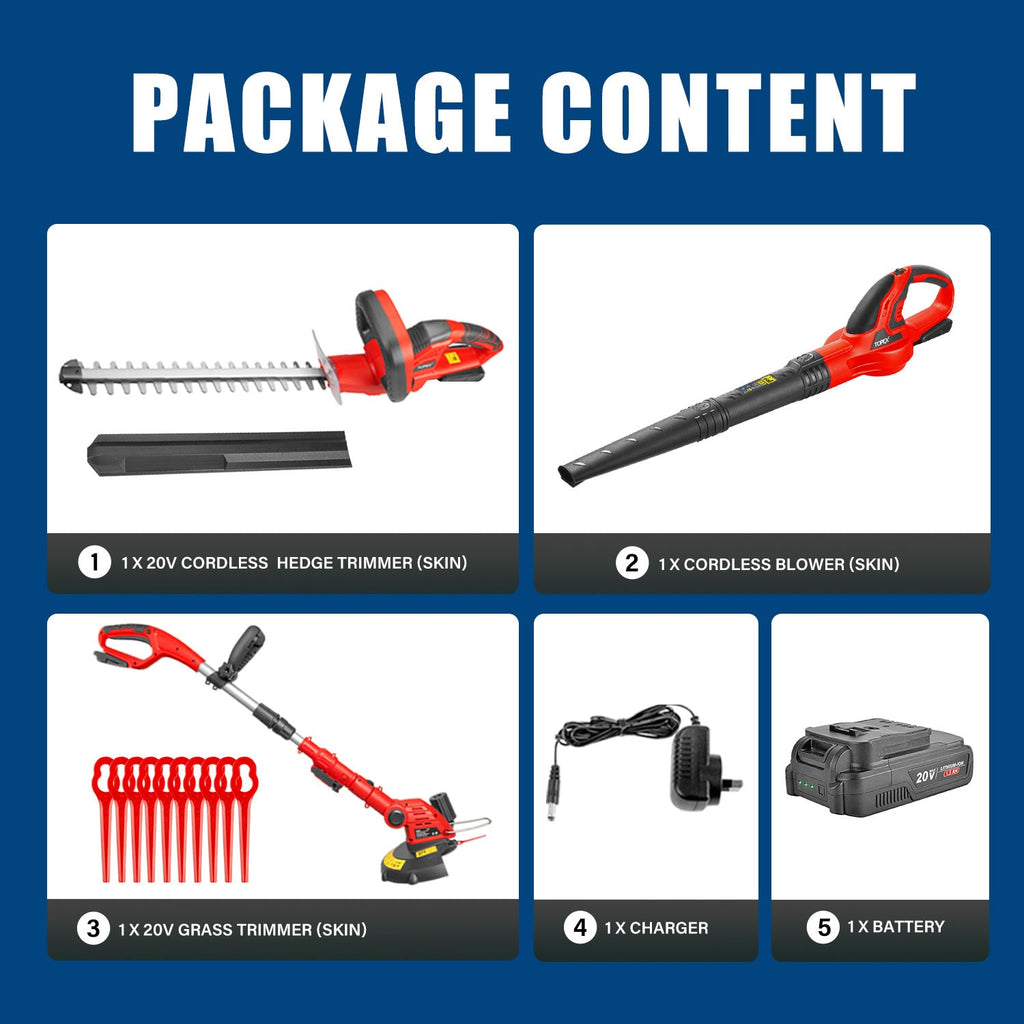 TOPEX 20V Cordless Blower Hedge Trimmer and Grass Trimmer Combo Kit w/ Battery