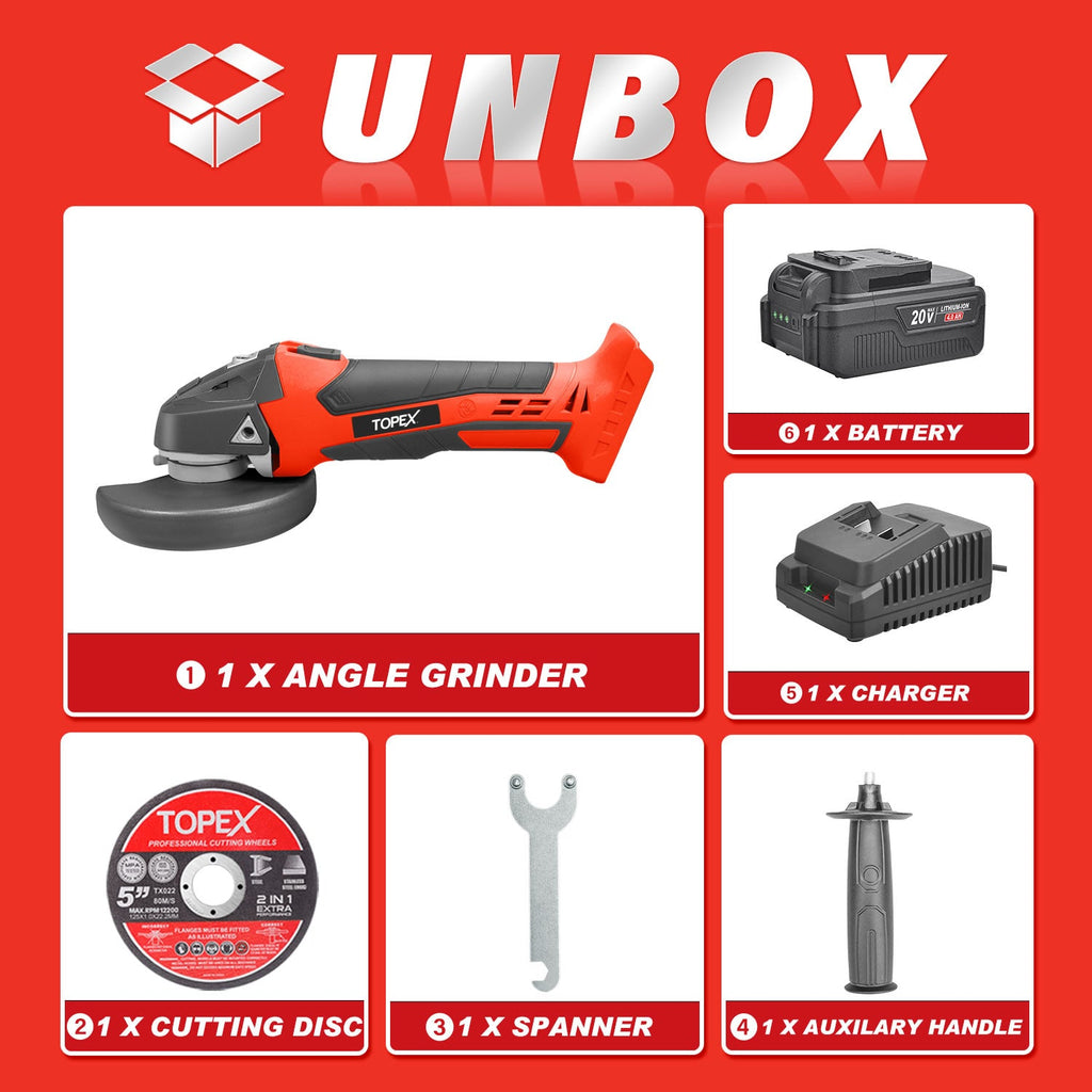 TOPEX 20V Cordless Angle Grinder 125mm Li-ion Grinding Cutting Power Tool