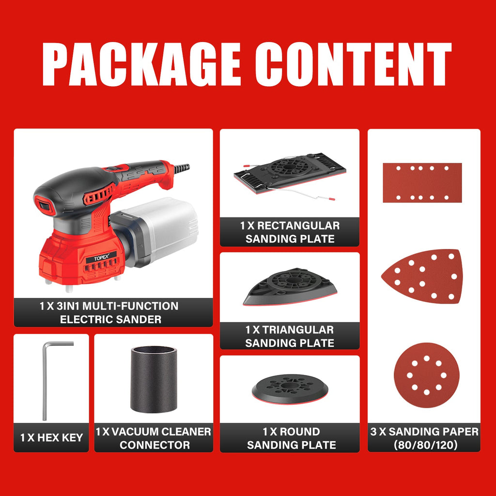 TOPEX 3in1 200W Electric Finishing Sander Sanding Tool 6 Speeds 3 Sanding Base Plate Size