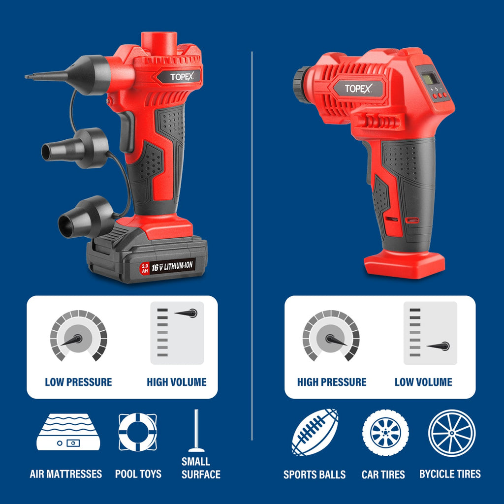 TOPEX 2IN1 Cordless High Volume & Pressure Inflator Deflator, Air Compressor Pump, Suitable for Tyres, Air Mattresses, Sports Equipments