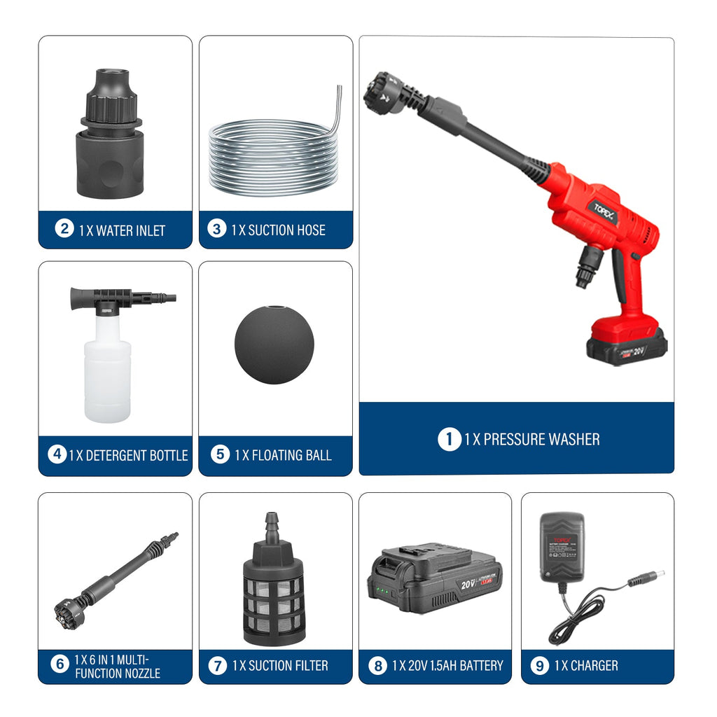 TOPEX 20V Cordless Pressure Washer, 6-in-1 Nozzle for Washing Car/Wall/Floor, Battery