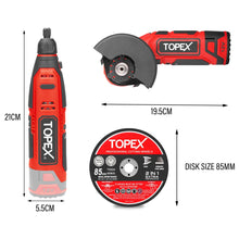 Load image into Gallery viewer, TOPEX 12V Cordless Rotary Tool Speed 5000-25000rpm With 12V Cordless Angle Grinder,12V 2.0Ah Lithium-Ion Battery&amp;14.4V /0.4A charger