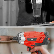 Load image into Gallery viewer, TOPEX 20 V Cordless Kit: Hammer Drill, Impact Driver, LED Light w/ Fast Charger
