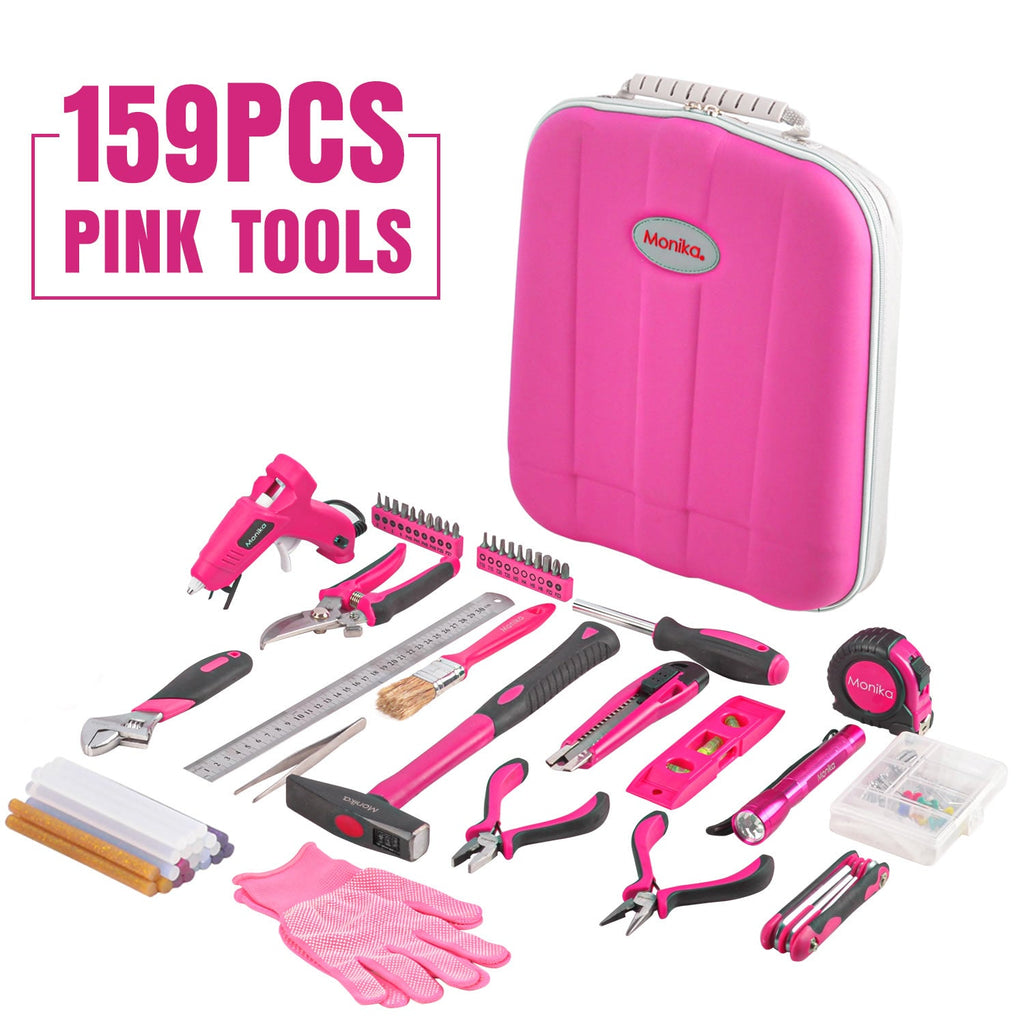 Monika 159PCS Pink Tool Kit Portable Household Tool Set Dual Temp Glue Gun Stick