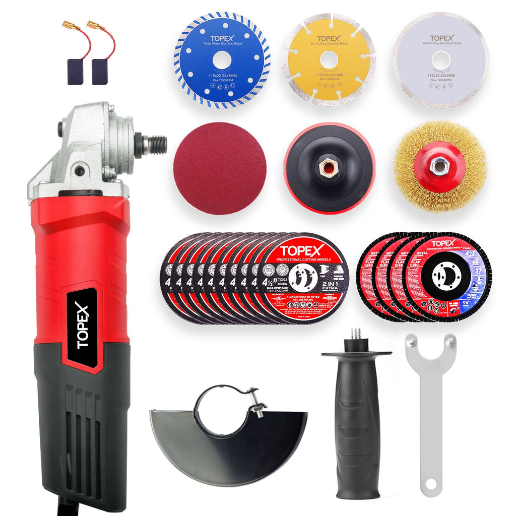 TOPEX 900W 125mm 5'' Angle Grinder w/ 20PCs 115mm Combo Discs Cut Grind Polish