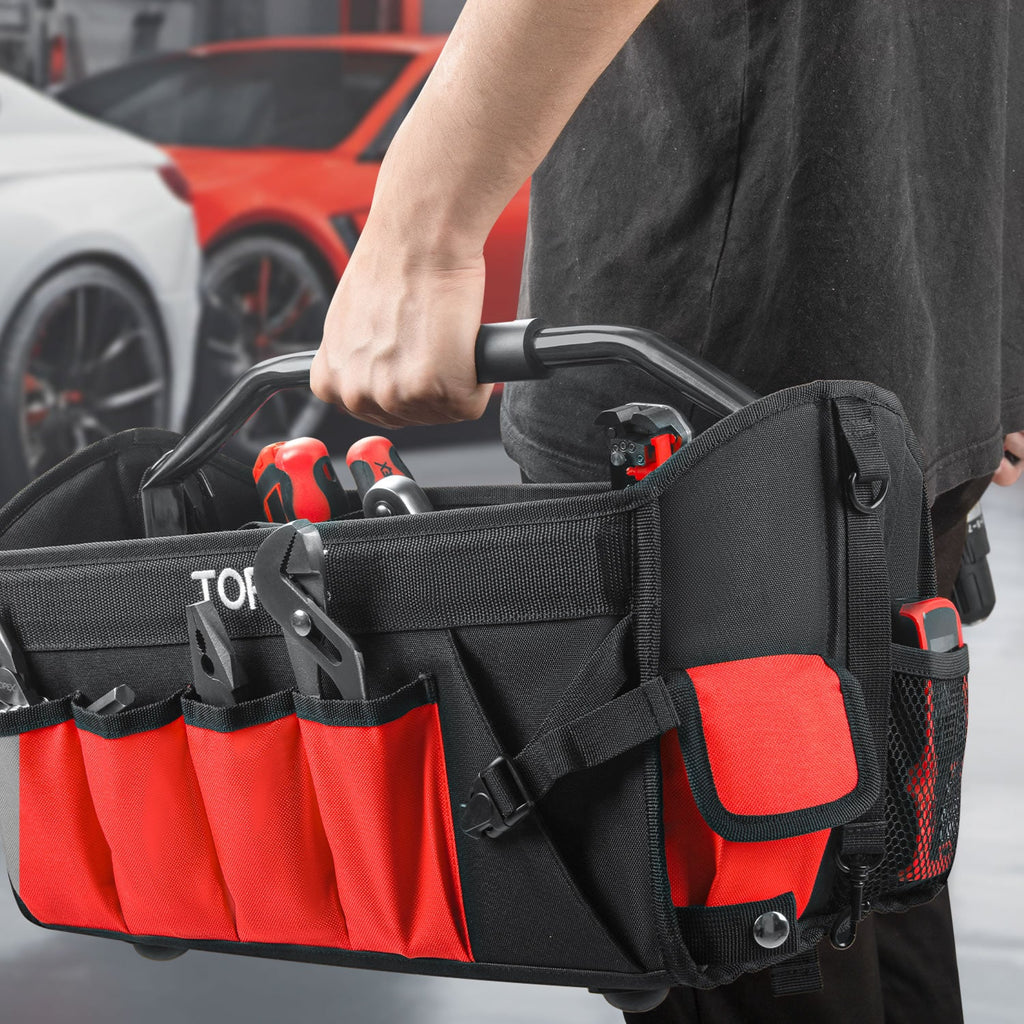 TOPEX 16 Inch Tool Bag, Multi-pocket Tool Organiser, High Bearing Wide Mouth Tool Tote Bag with Adjustable Shoulder Strap, Foldable, Rotatable Steel Handle