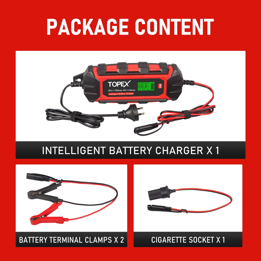 TOPEX Car Battery Charger, 10A 6V/12V Smart Automatic Battery Charger Maintainer with LCD Display for Lead Acid, LiFePo4 Battery in Truck, Motorcycle