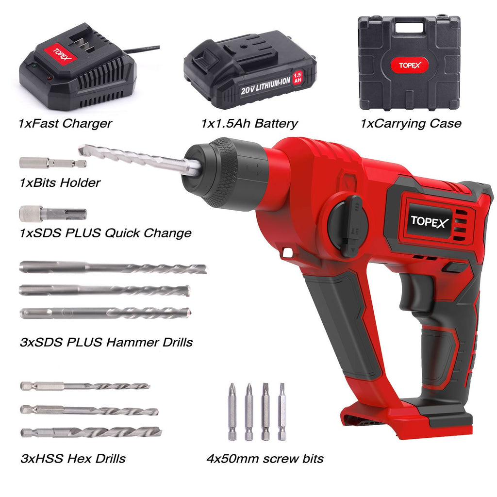 TOPEX 20V Max Lithium Cordless Rotary Hammer Drill Kit w/Battery Charger Bits