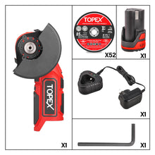 Load image into Gallery viewer, TOPEX 12V Cordless Angle Grinder 1 Wrench for Metal and Wood w/12V 2.0Ah Lithium-Ion Battery&amp;14.4V /0.4A charger/50PCS 85mm Cutting Wheels Discs