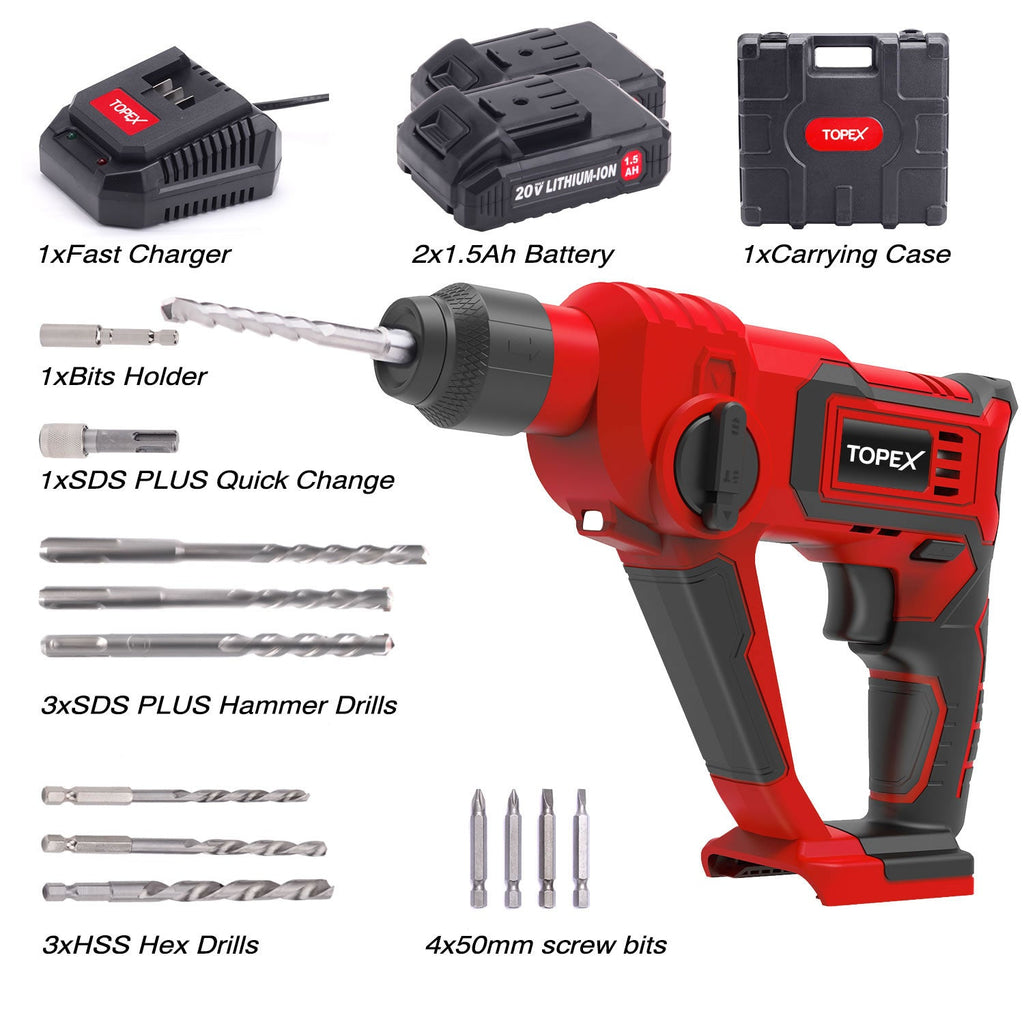 TOPEX 20V Max Lithium Cordless Rotary Hammer Drill Kit w/Battery Charger Bits
