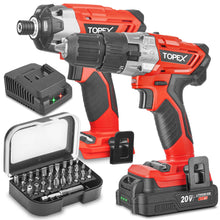 Load image into Gallery viewer, TOPEX 20V Cordless Twin Drill &amp; Impact Driver Set &amp; 32 Screwdriver Bits set